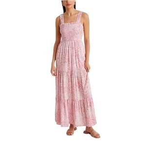 Express Linen Blend Printed
Square Neck Sleeveless
Smocked Tiered Maxi
Dress